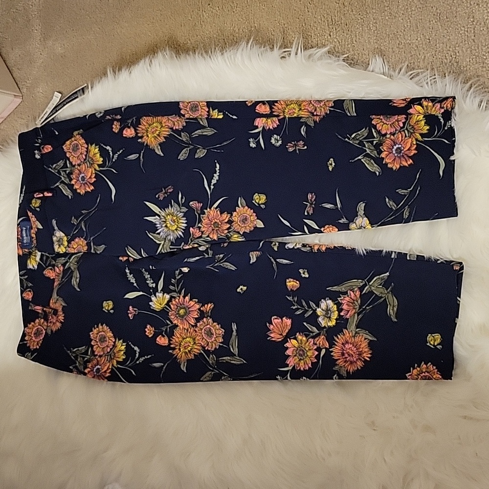 Old Navy Harper Navy pink green floral stretch cropped pants 2 pockets 12P …New
